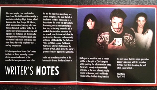 image showing the writer's notes insert for the full-cast audio version of Clive Barker's The Hellbound Heart, scripted by Paul Kane. Article features a photograph of, from L to R: Alice Lowe, Tom Meeten, Neve McIntosh